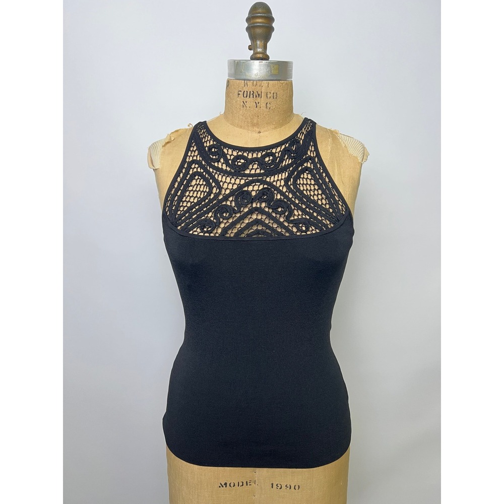 White House Black Market Black Crochet Lace Yoke Knit Tank Top Small 300113137